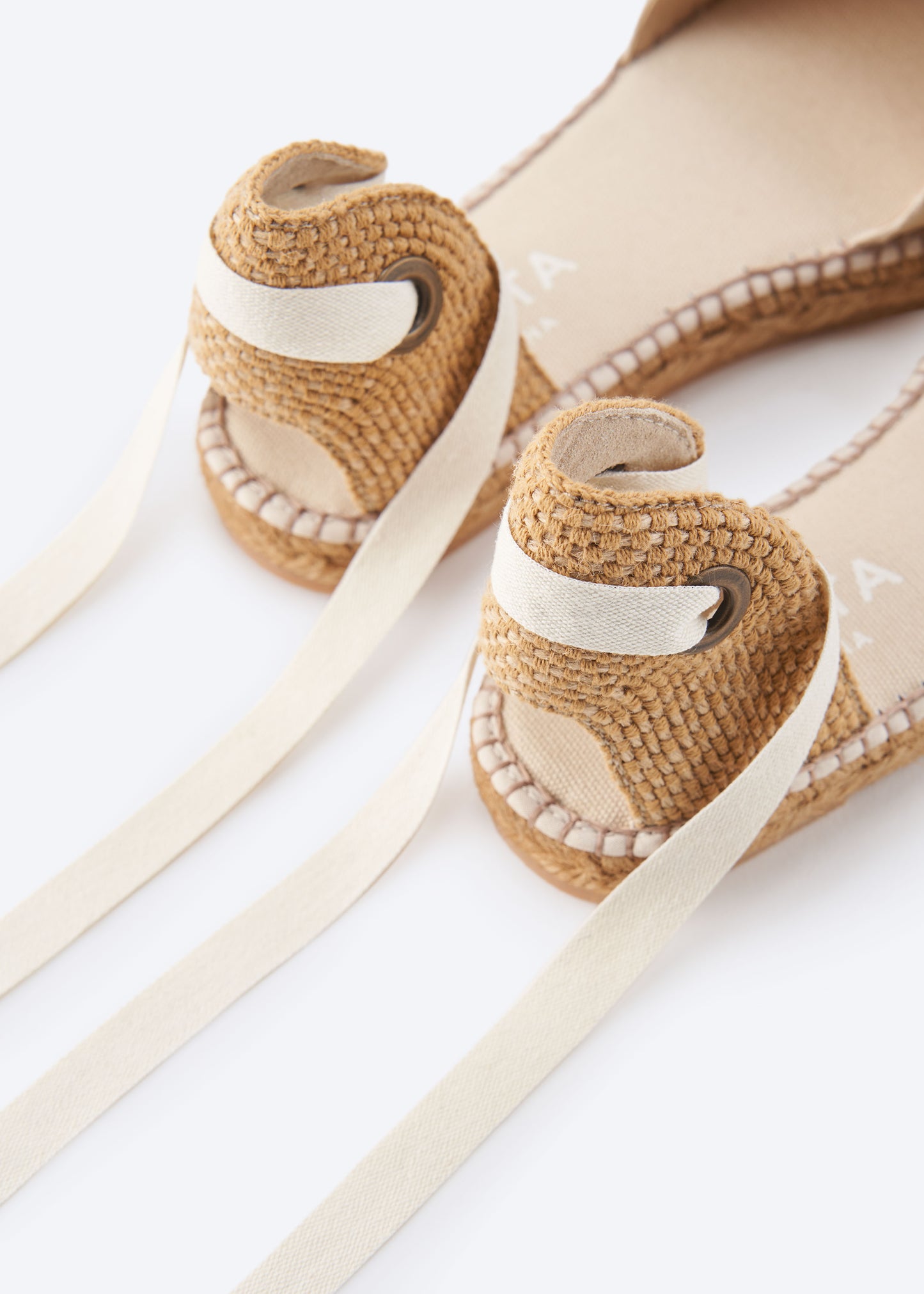 Candell Beige Canvas Lace Up Espadrille Flats Flexible Back Details