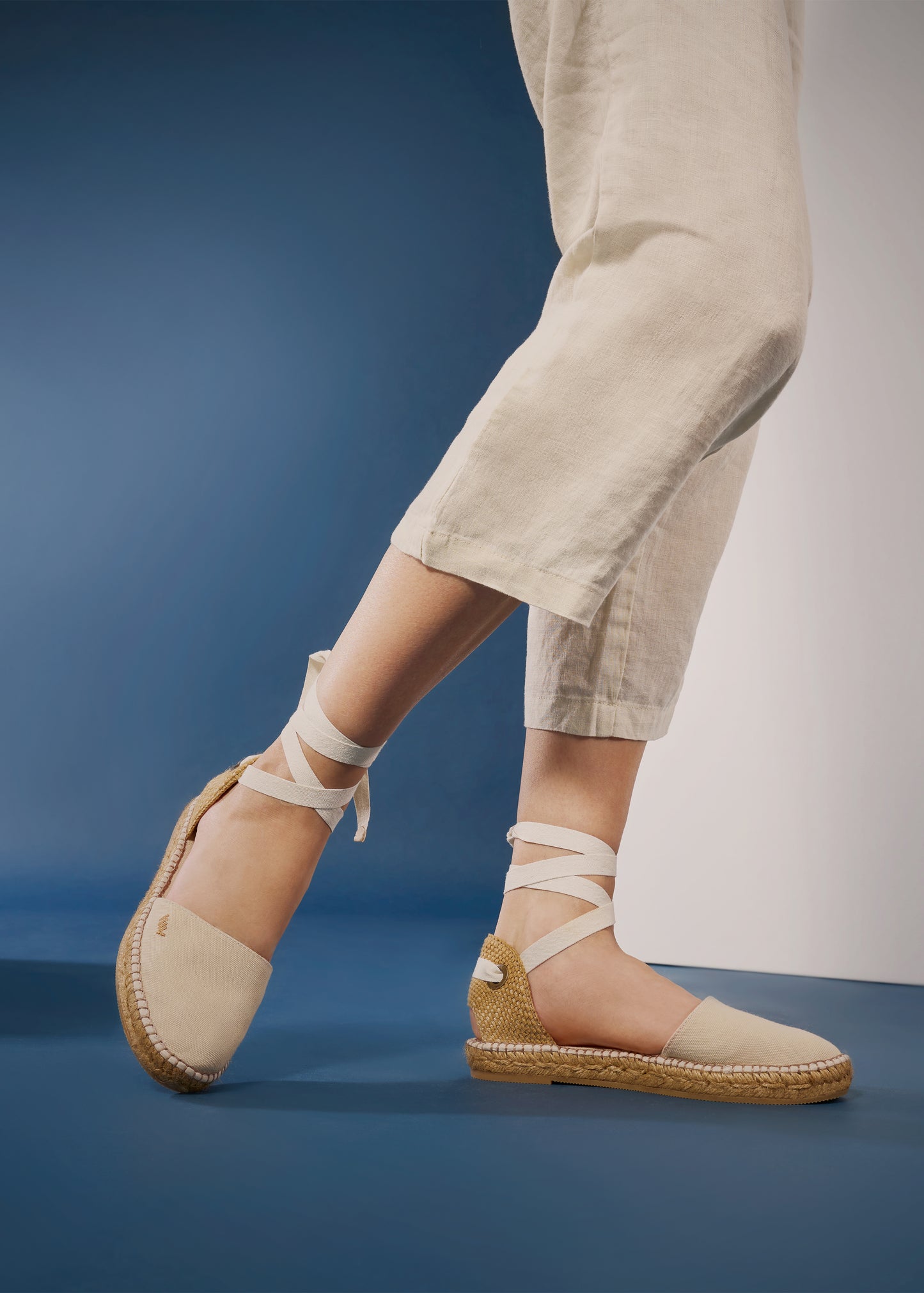 Candell Beige Canvas Lace Up Espadrille Flats Legs