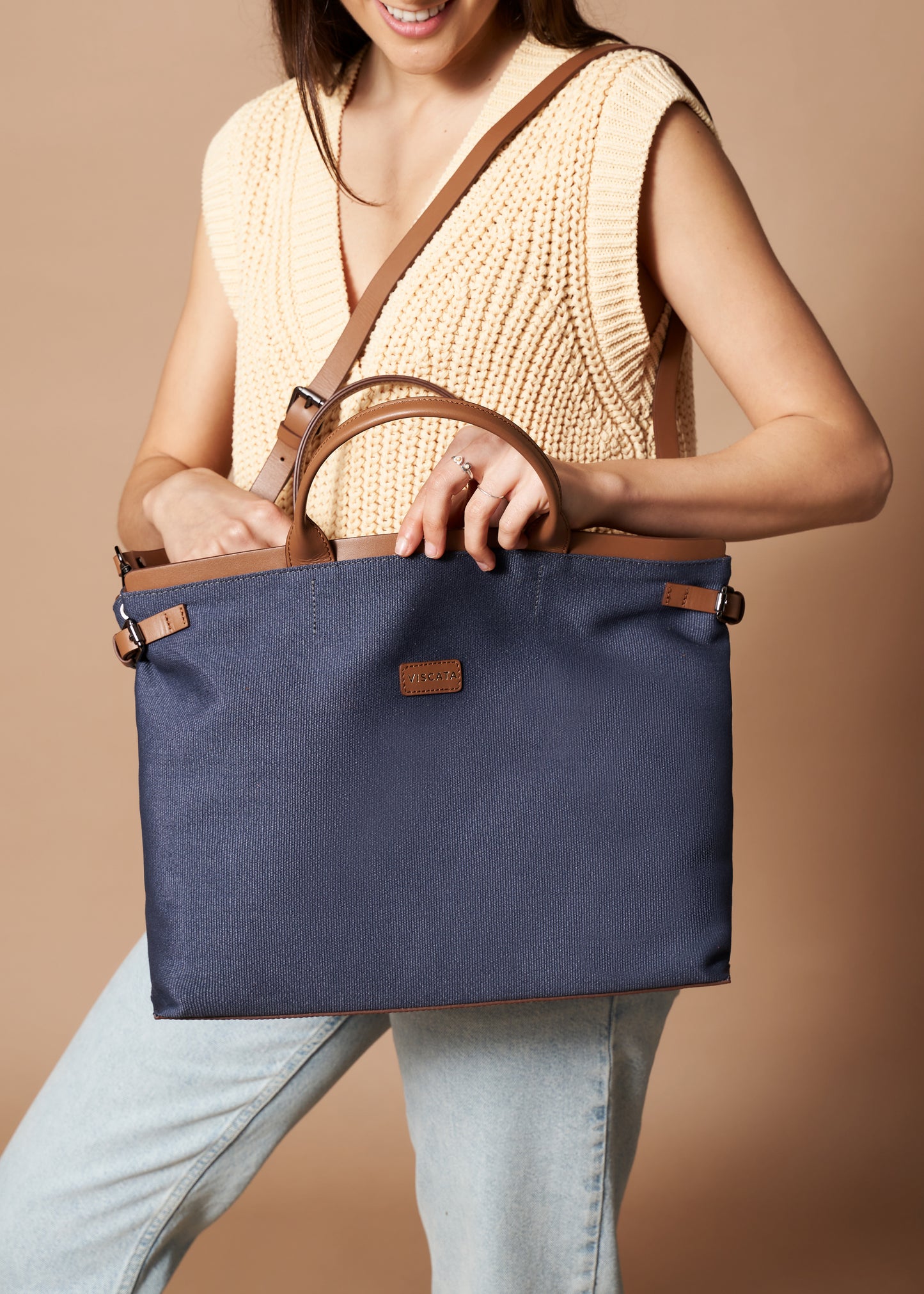 Woman Wearing Cannes Navy Blue Women Large Canvas Crossbag