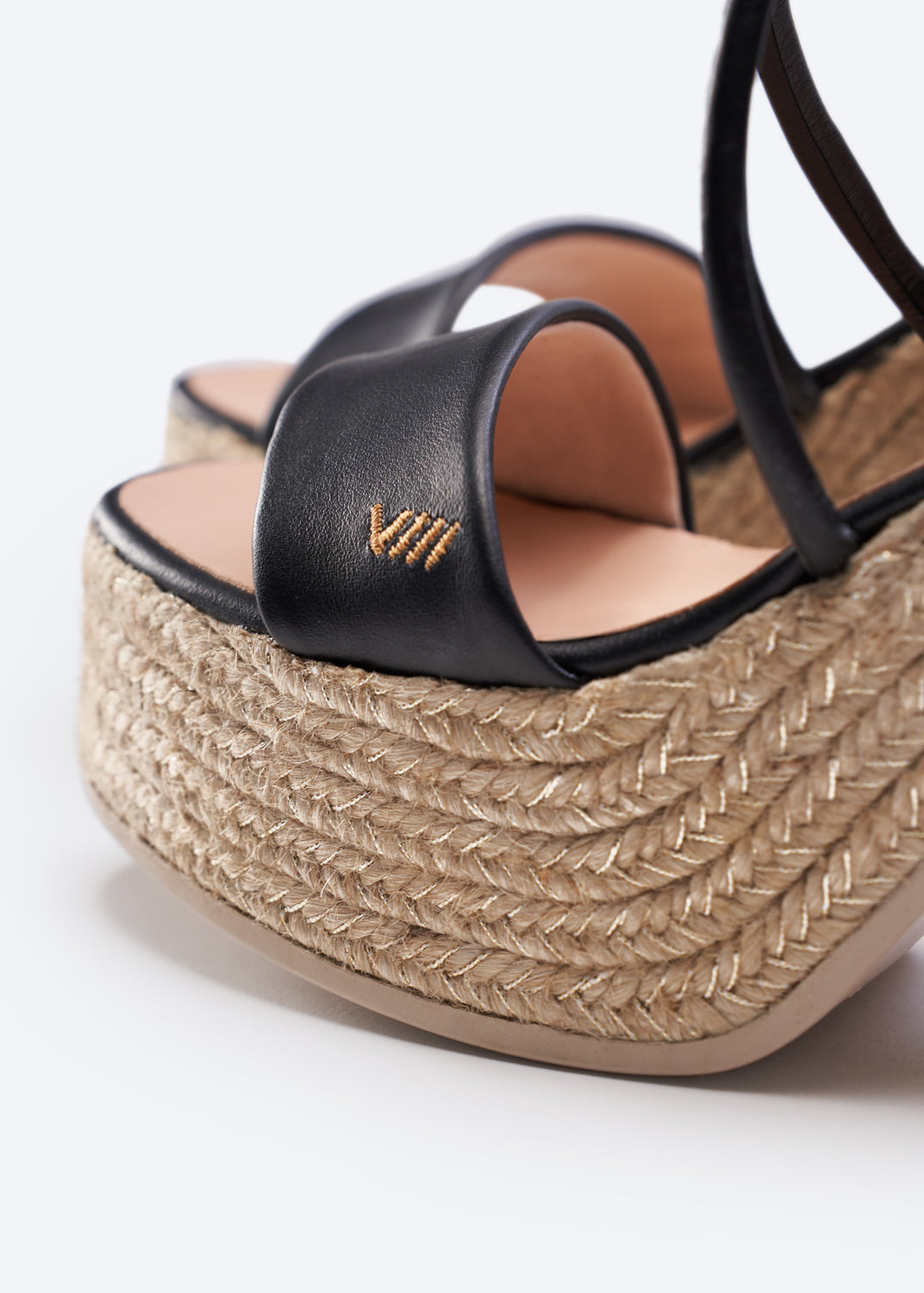 Elia Black Leather Women Espadrille Sandal Heels Open Toe Detail