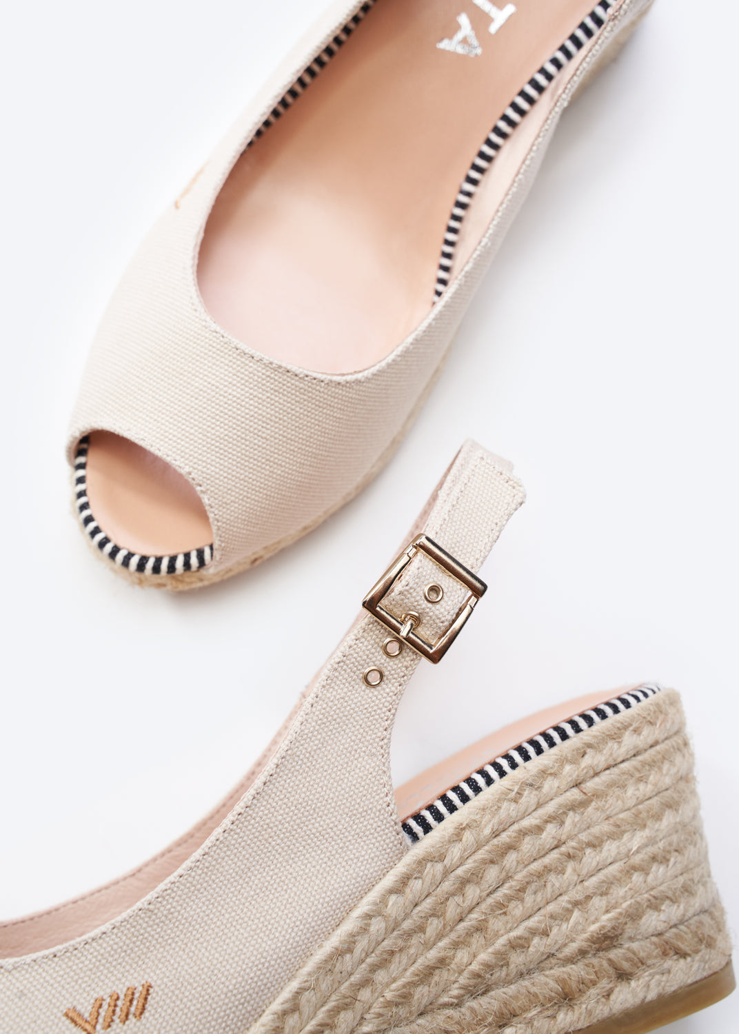 Gavina Beige Canvas Slingback Women Espadrille Wedges Peep Open Toe Detail