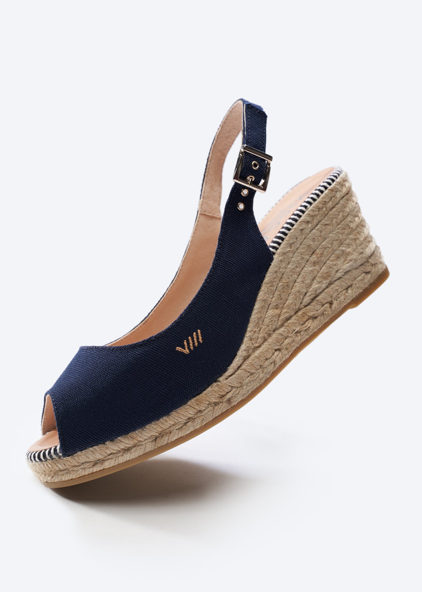 Gavina Navy Blue Canvas Slingback Women Espadrille Medium Heel Wedge