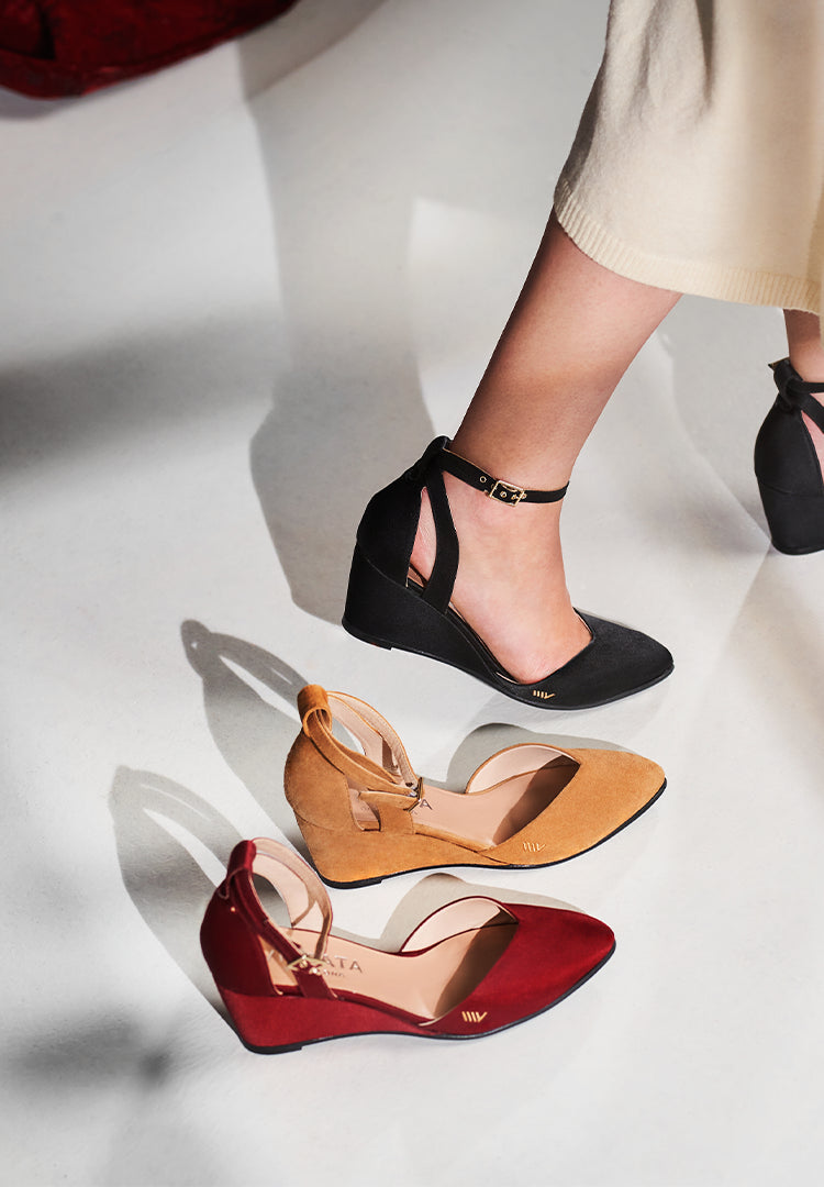 Garda camel suede and black and cherry silk shoe wedges