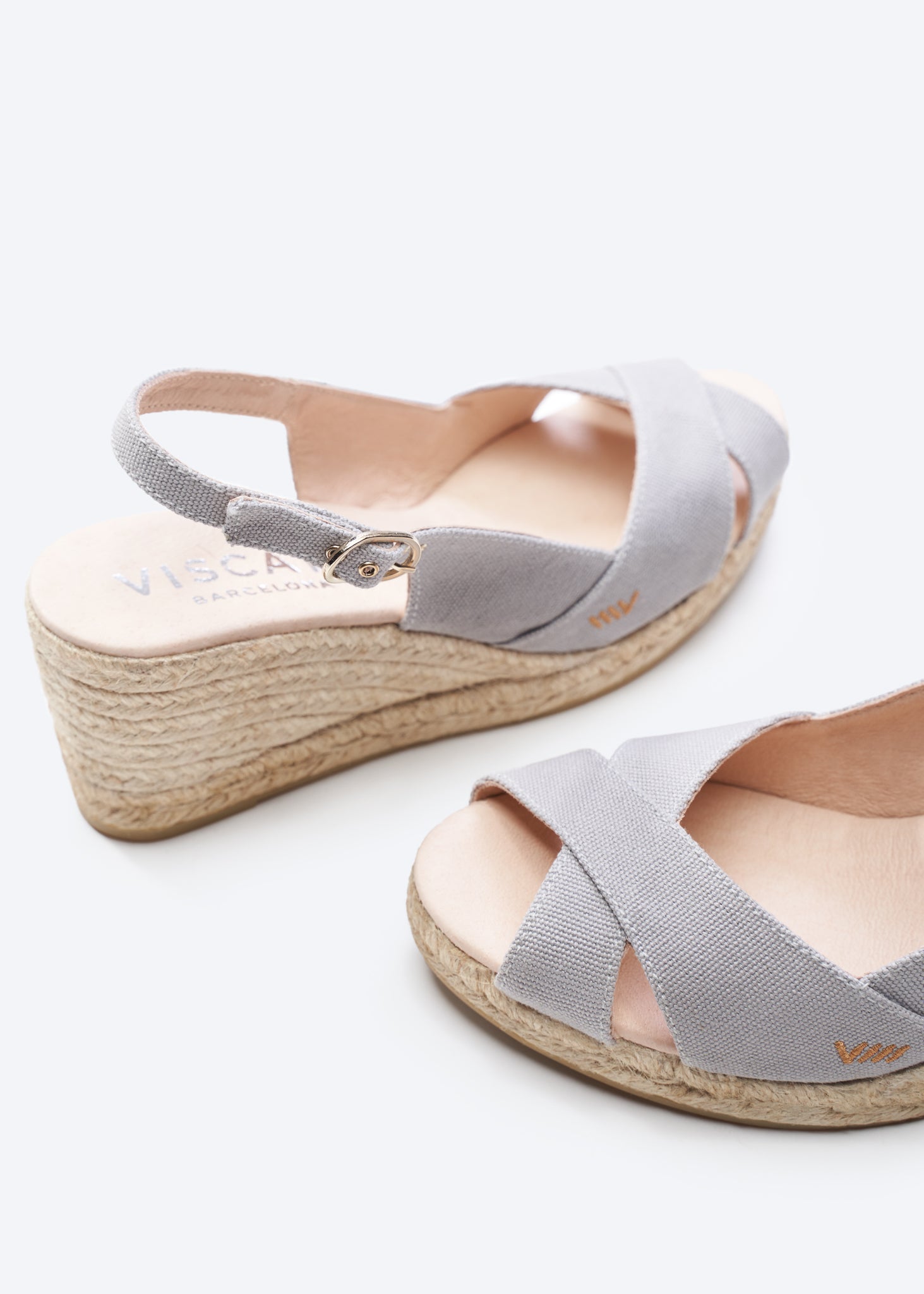 Llansa Crossed Open Toe Ash Grey Canvas Slingback Women Espadrille Wedges Details