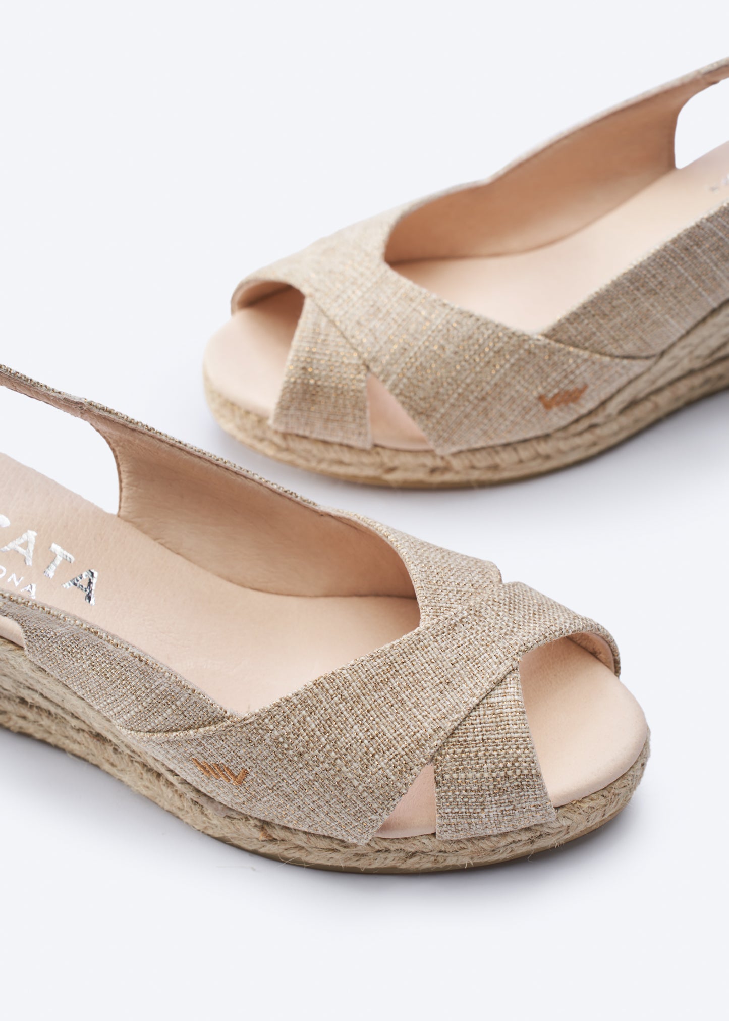 Llansa Limited Edition Gold Canvas Slingback Women Espadrille Wedges Crossed Open Toe Detail