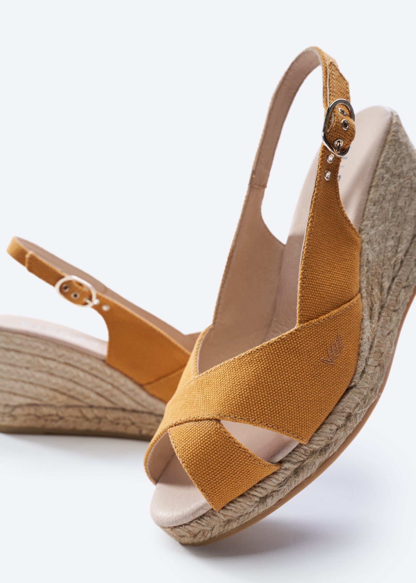 Llansa Limited Edition Mustard Canvas Slingback Women Espadrille Wedges Crossed Open Toe Detail