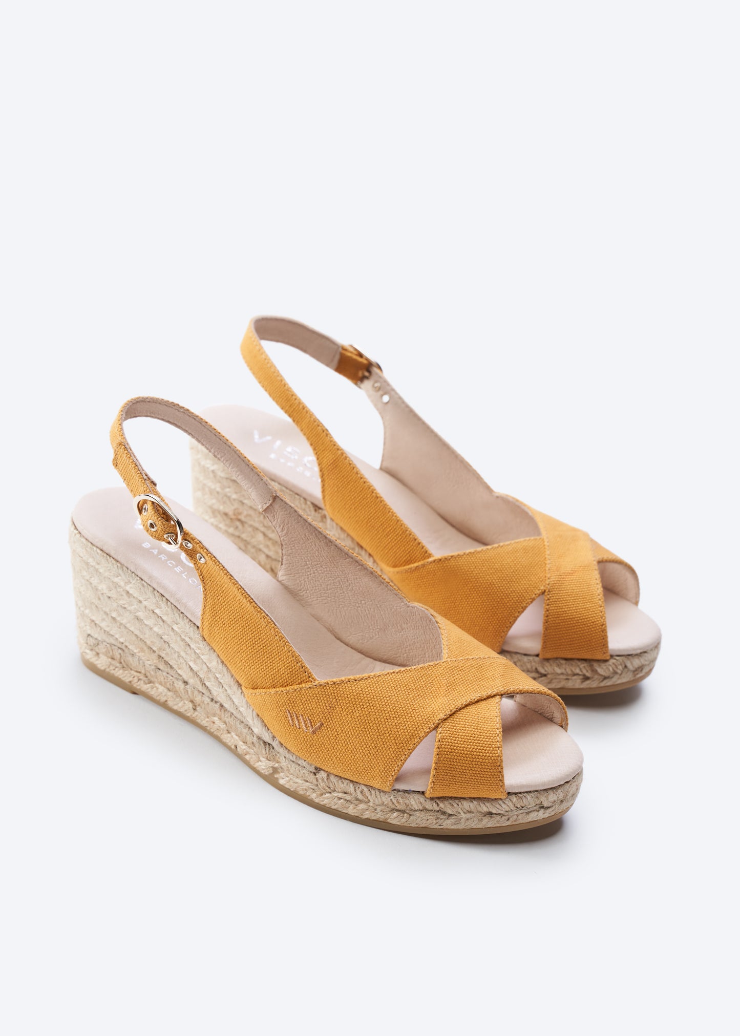 Llansa Crossed Open Toe Limited Edition Mustard Canvas Slingback Women Espadrille Medium Heel Wedges