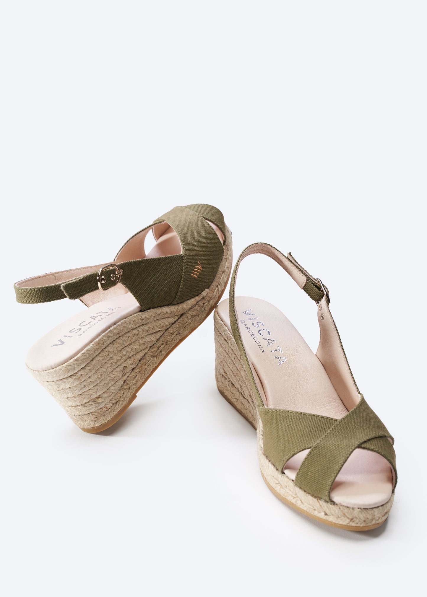 Llansa Crossed Open Toe Limited Edition Olive Canvas Slingback Women Espadrille Medium Heel Wedges