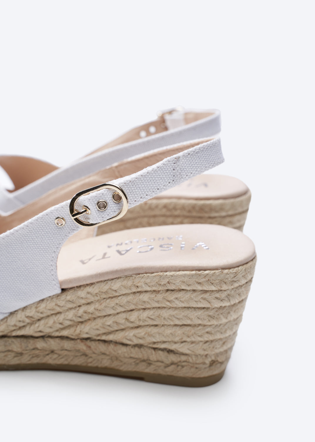 Llansa Crossed Open Toe Limited Edition White Canvas Slingback Women Espadrille Wedges Buckle Detail