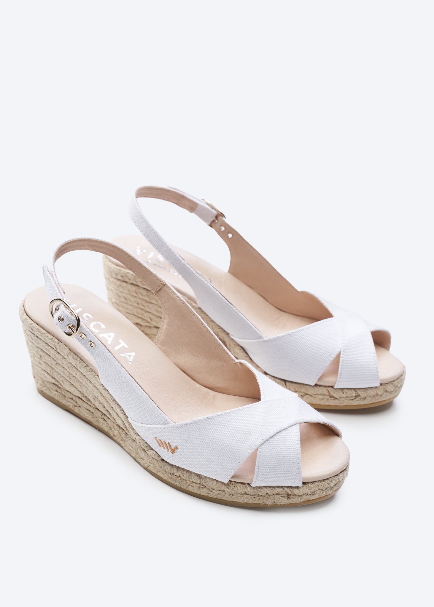 Llansa Crossed Open Toe Limited Edition White Canvas Slingback Women Espadrille Medium Heel Wedges