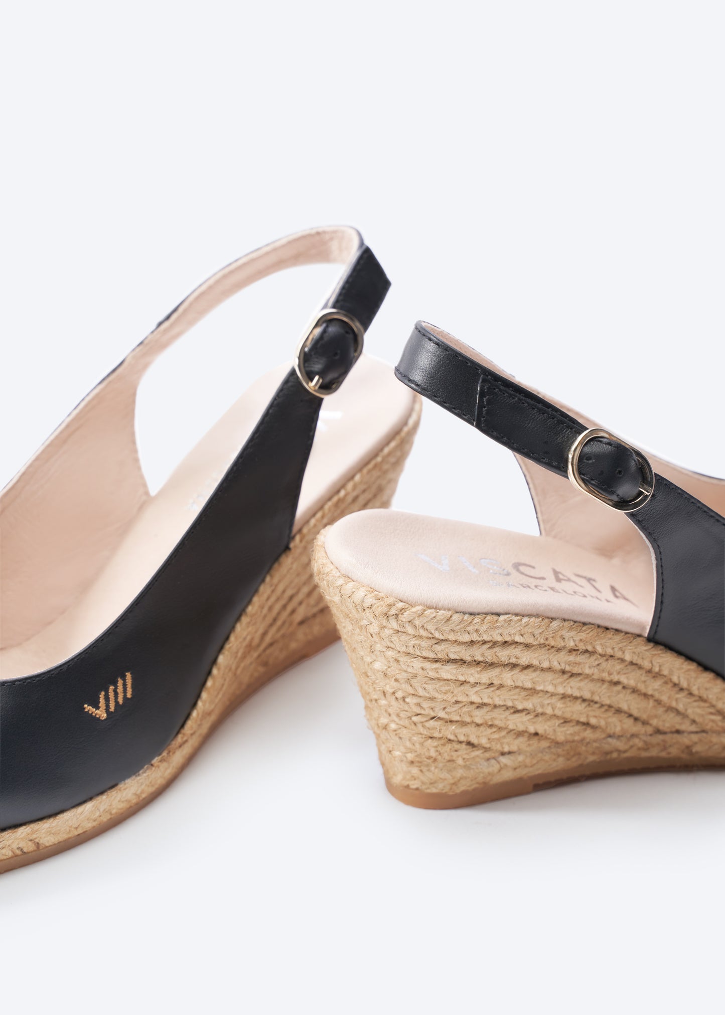 Palomera Black Leather Women Espadrille Wedges Slingback Detail