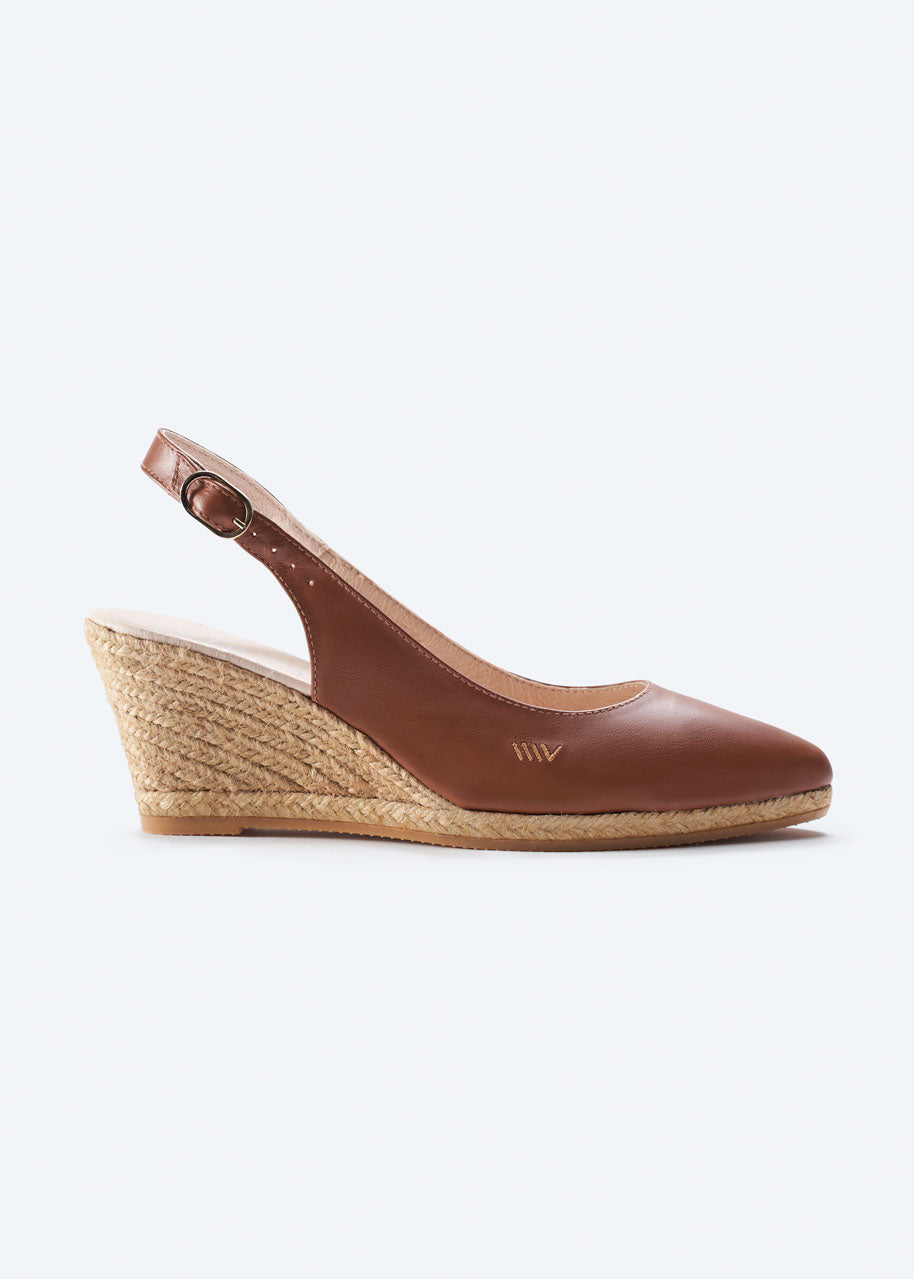 Palomera Whiskey Brown Leather Slingback U Cut Closed Toe Women Espadrille Wedges