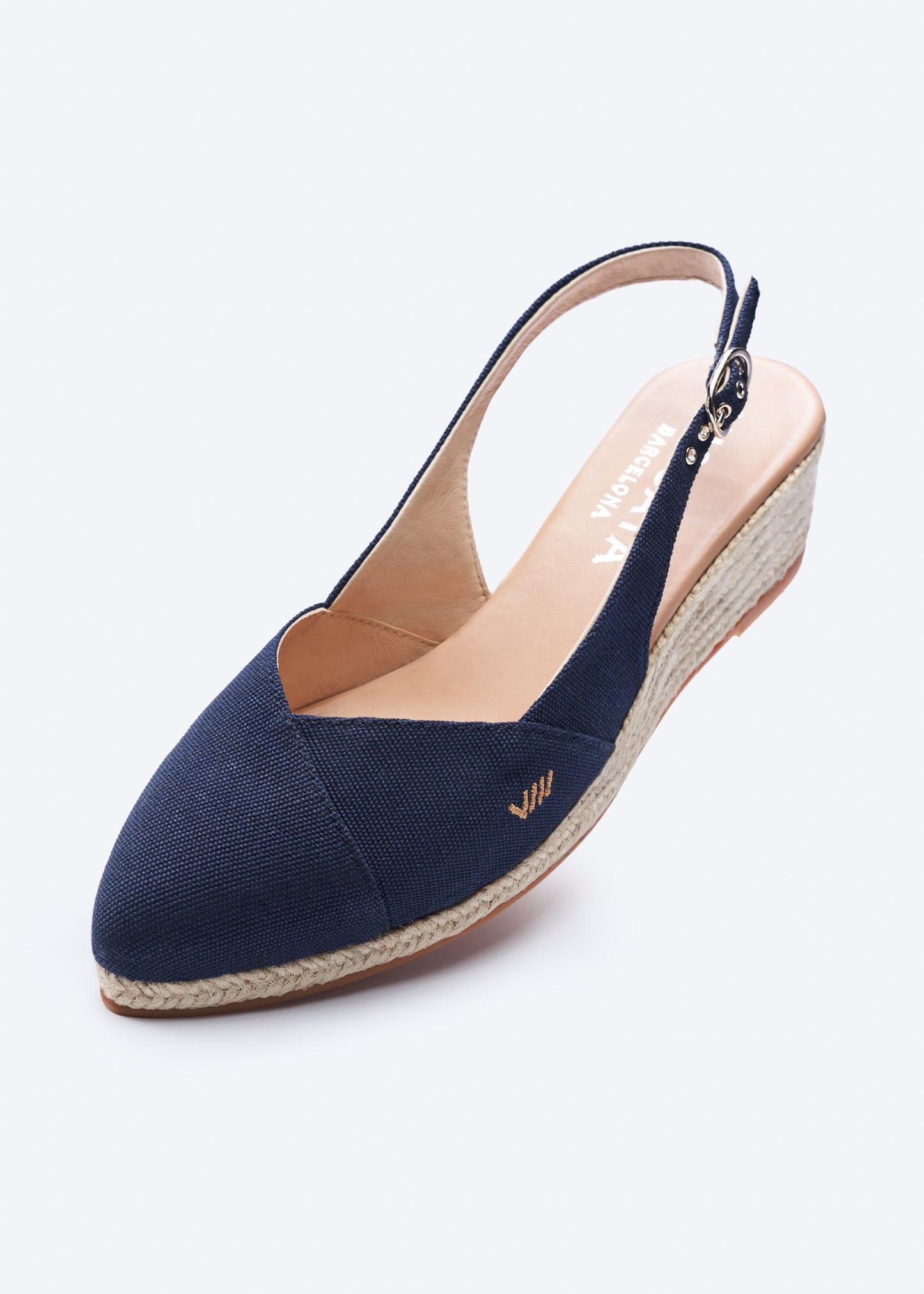 Premia Navy Blue Canvas Slingback Women Espadrille V Cut Closed Toe Wedge