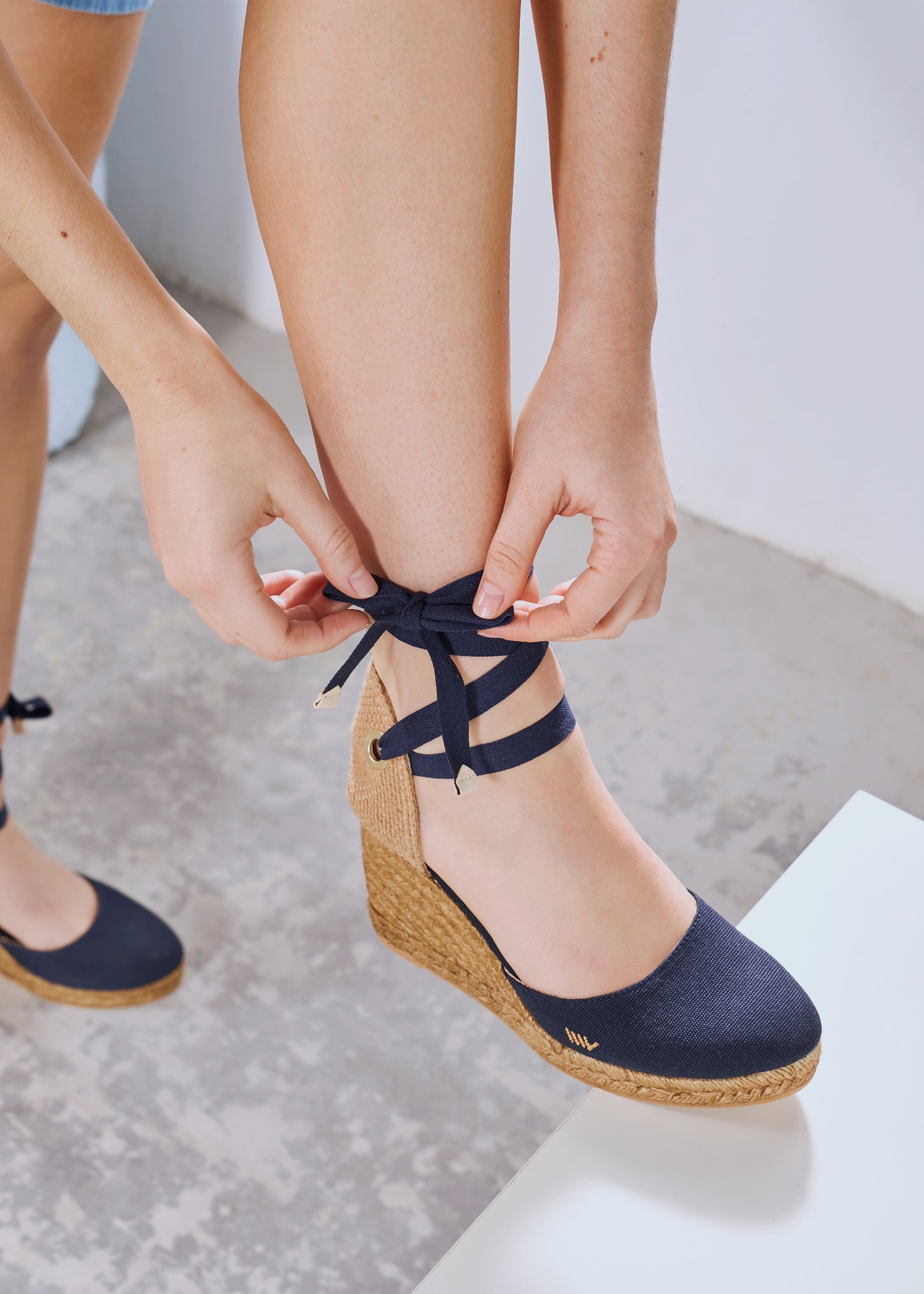 Sagaro Navy Blue Canvas Lace Up Women Espadrille Medium Wedges Legs