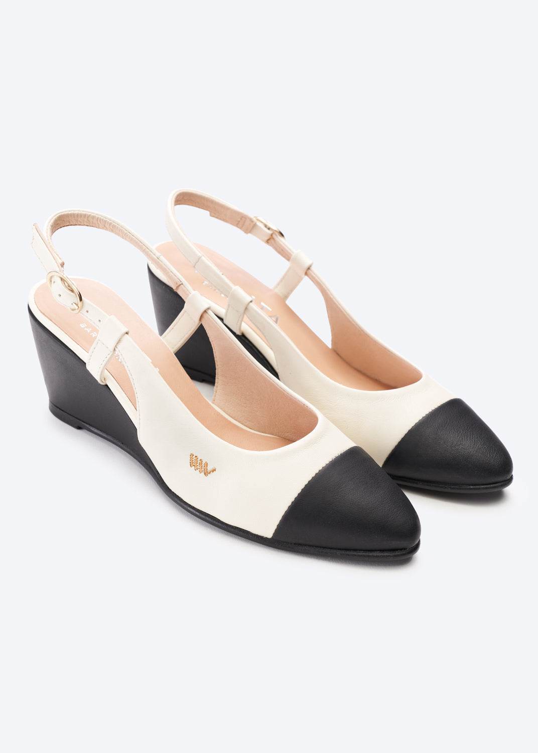 Tivoli White Black Tip Leather Slingback Women Almond Toe Wedge Shoes