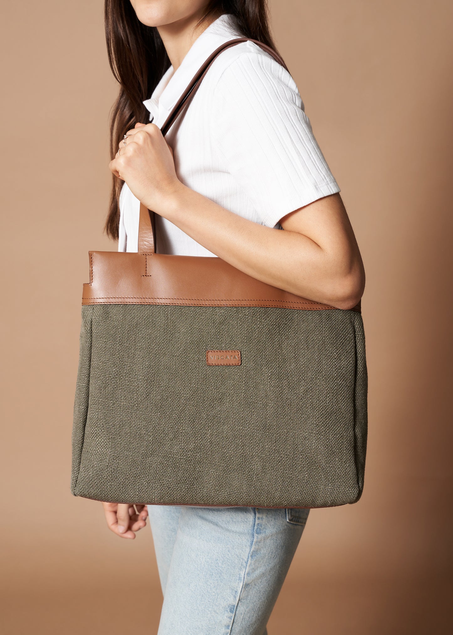 Woman Wearing a Tropez Olive Women Large Canvas Handbag