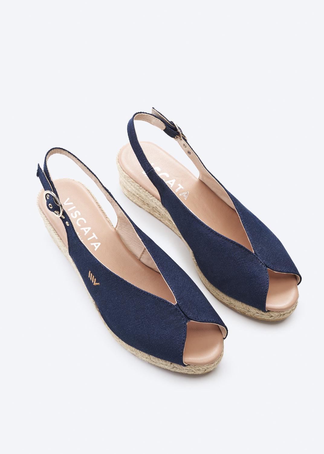 Verneda Navy Blue Canvas Slingback Women Open Peep Toe Espadrille Low Wedges