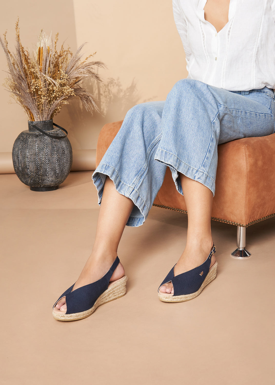 Verneda Navy Blue Canvas Slingback Women Open Toe Espadrille Wedges Legs