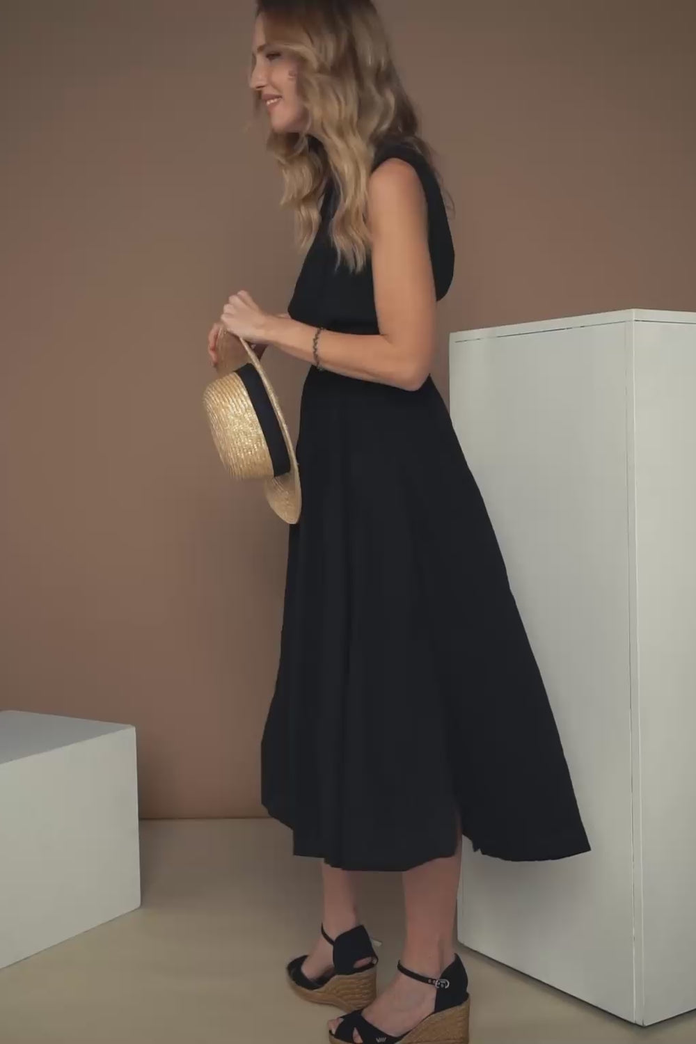 Woman Wearing Aiguafreda Canvas Black Crossed Open Toe Espadrille Wedges