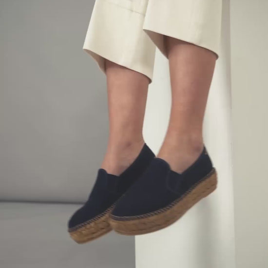 Woman Wearing Castell Canvas Navy Blue Espadrille Flatforms