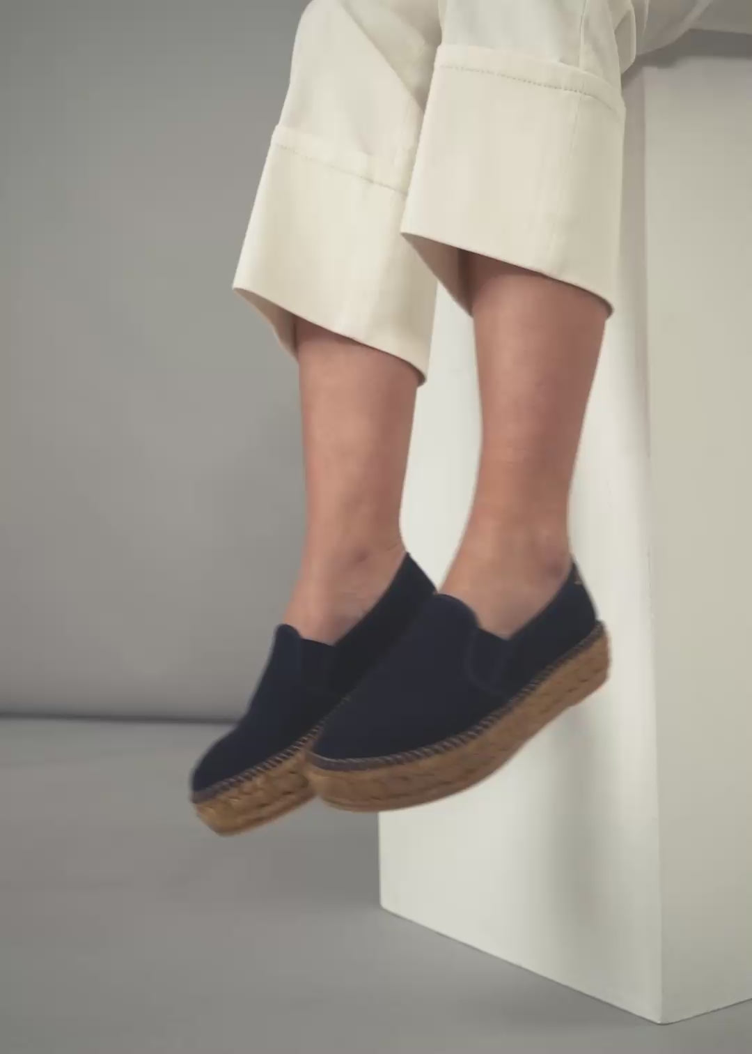 Woman Wearing Castell Canvas Navy Blue Espadrille Flatforms