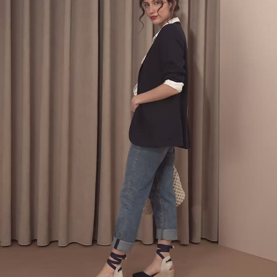 Woman Wearing Culip Canvas Navy Blue Lace-up Espadrille Wedges