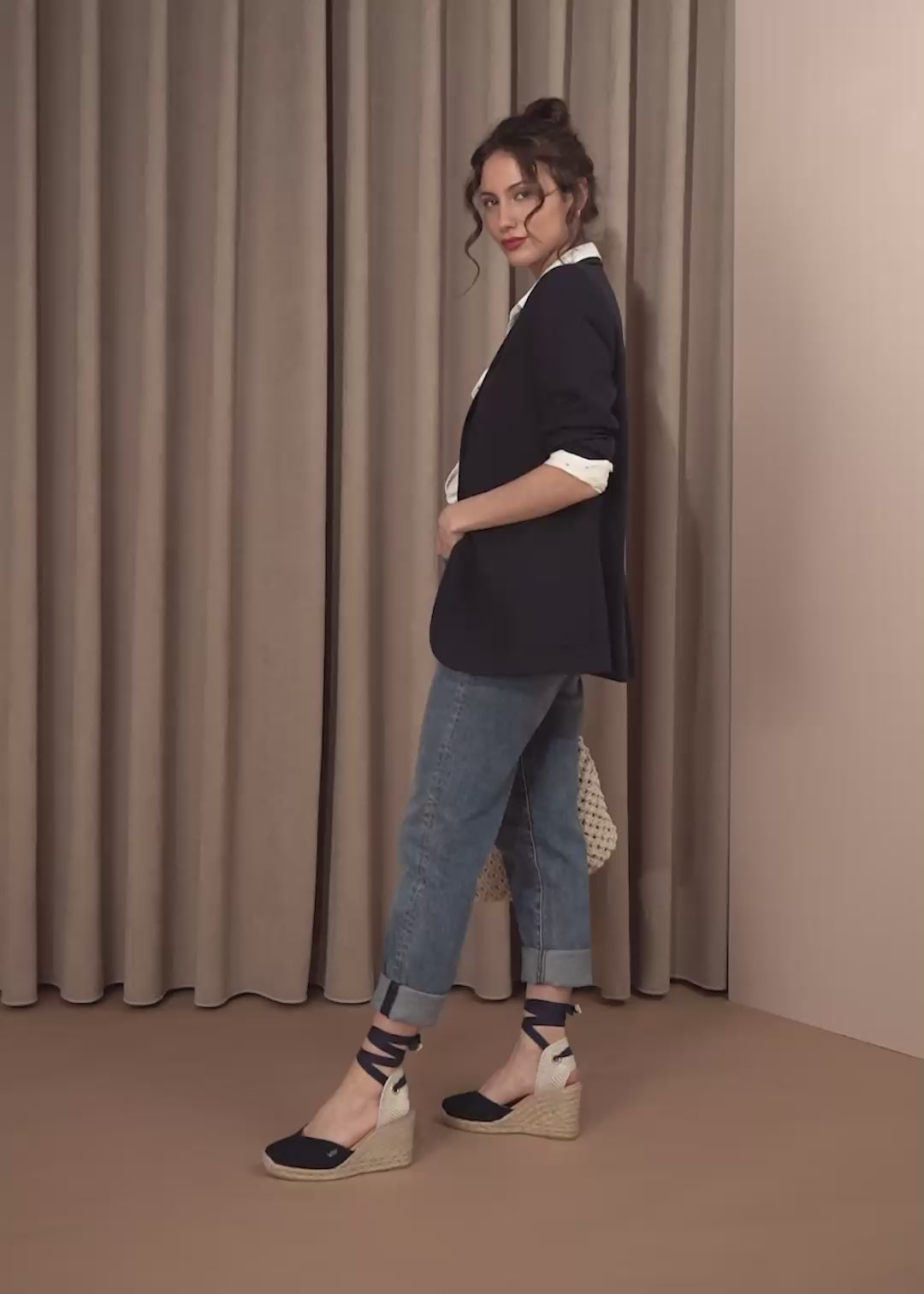 Woman Wearing Culip Canvas Navy Blue Lace-up Espadrille Wedges